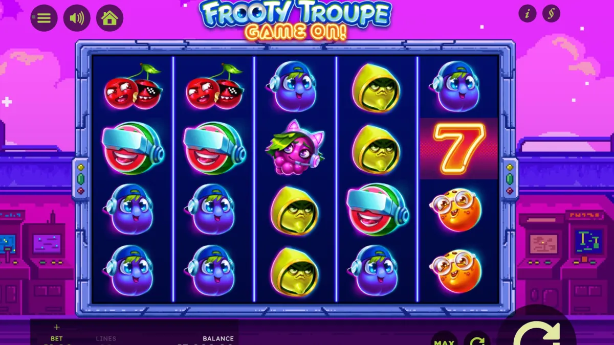 Tampilan visual retro arcade Frooty Troupe – Game On!